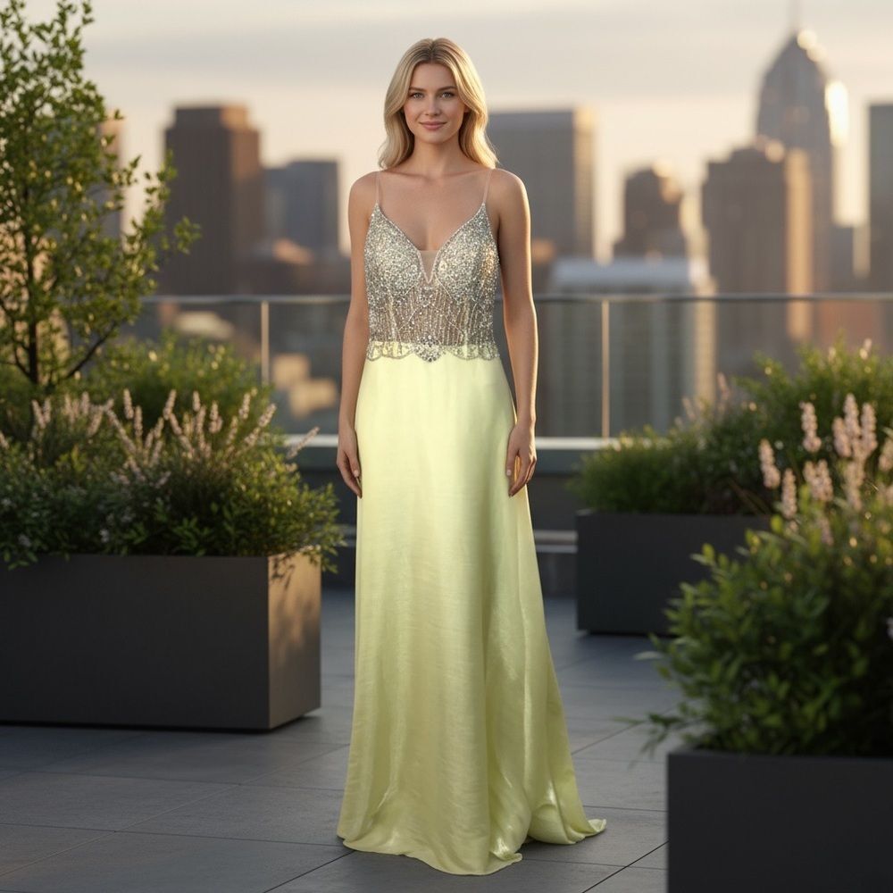Cachet Soft Yellow Gown Sheer Corset Style Rhinestone Bodice